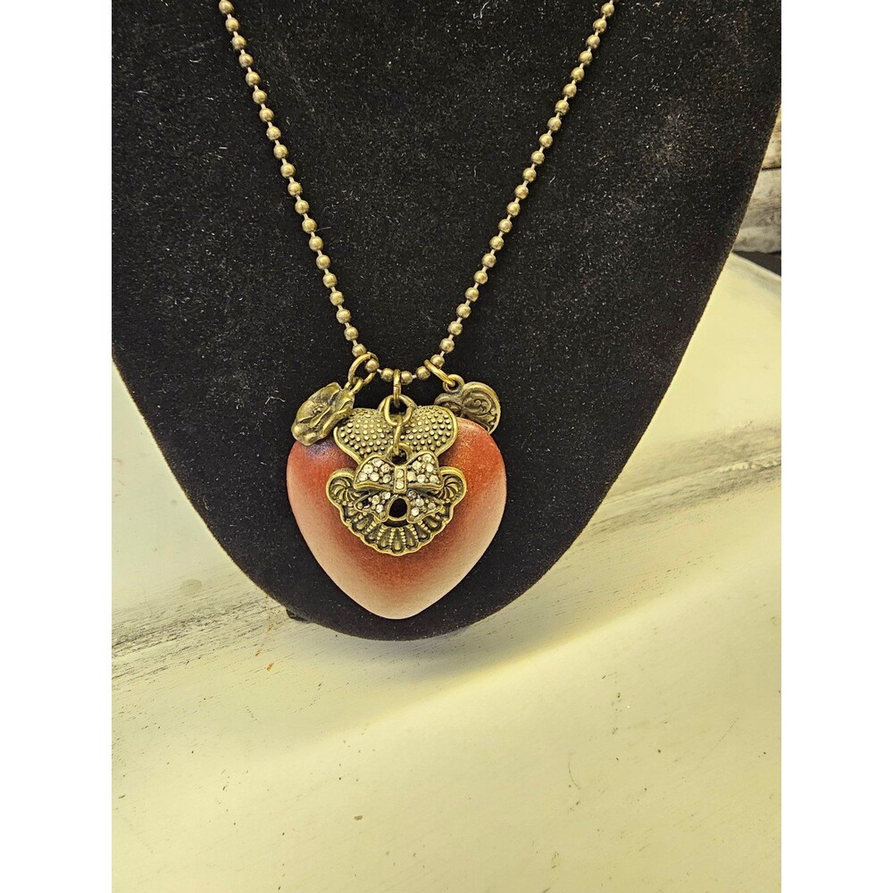 Vintage Victorian Style Burgundy red brown Rustic Heart Cookie Lee Necklace